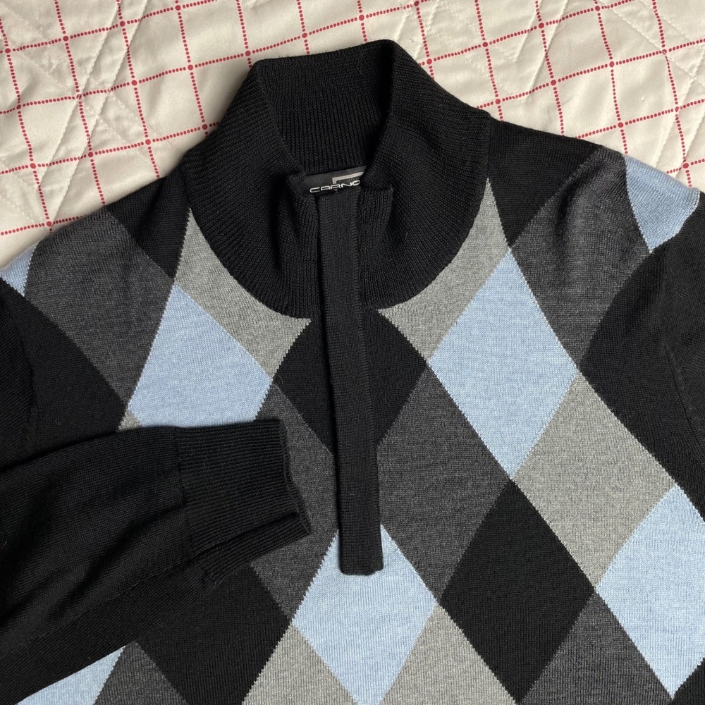 CARNOUSTIE Mens Argyle Quarter Zip Sweater 100% Merino Wool Black Blue‎ Grey S/P